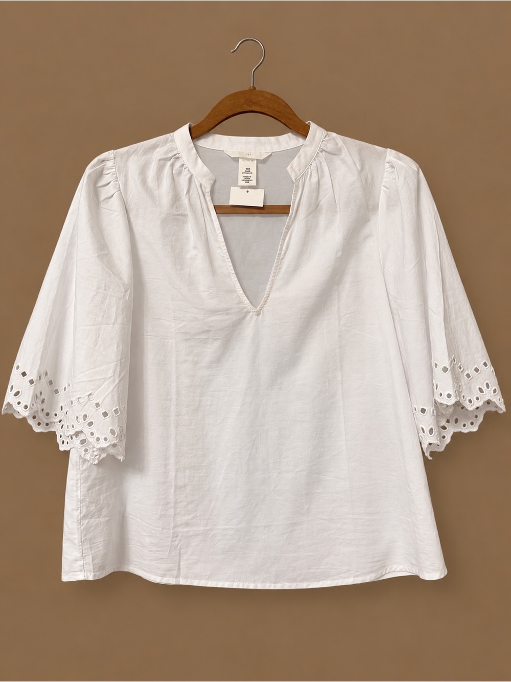 H&M White Eyelet Bell Sleeve V-Neck Blouse